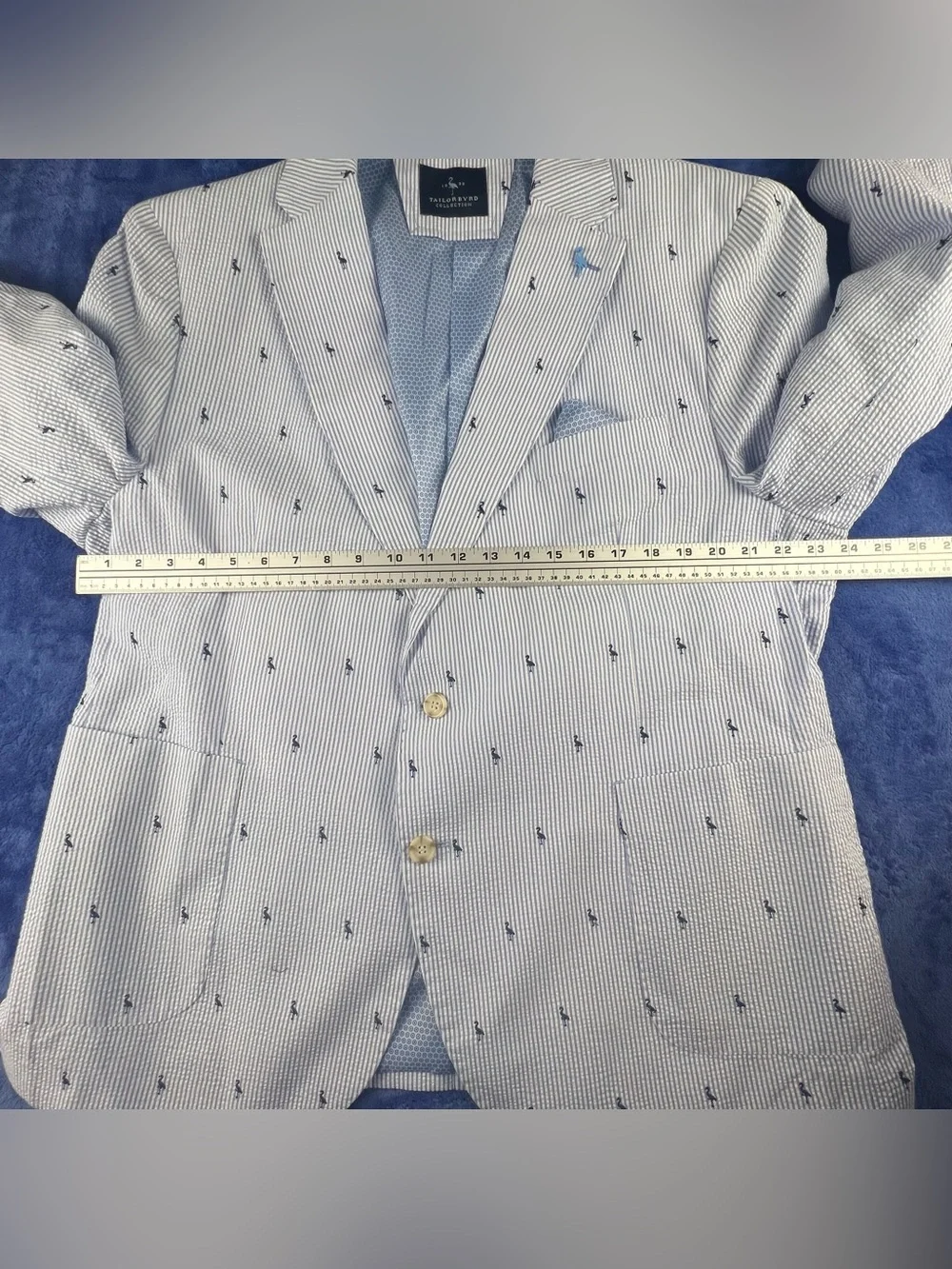 Tailorbyrd Mens Blazer 48R Seersucker Cotton Blue White Embroidered Flamingo